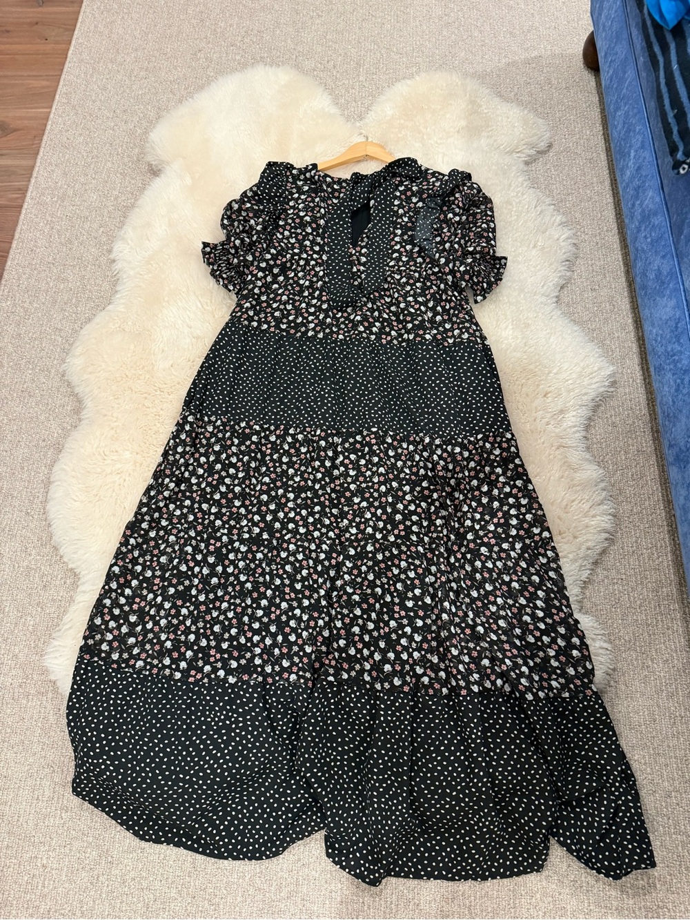 Free the roses black floral polka dot tiered maxi dress BNWOT size large - Picture 5 of 7